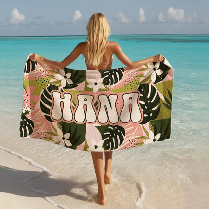 Personalized Tropical Floral Beach Towel: Custom Name Vacation Gift