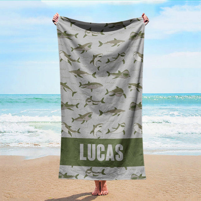 Personalized Shark Beach Towel: Custom Name, Vibrant Watercolor