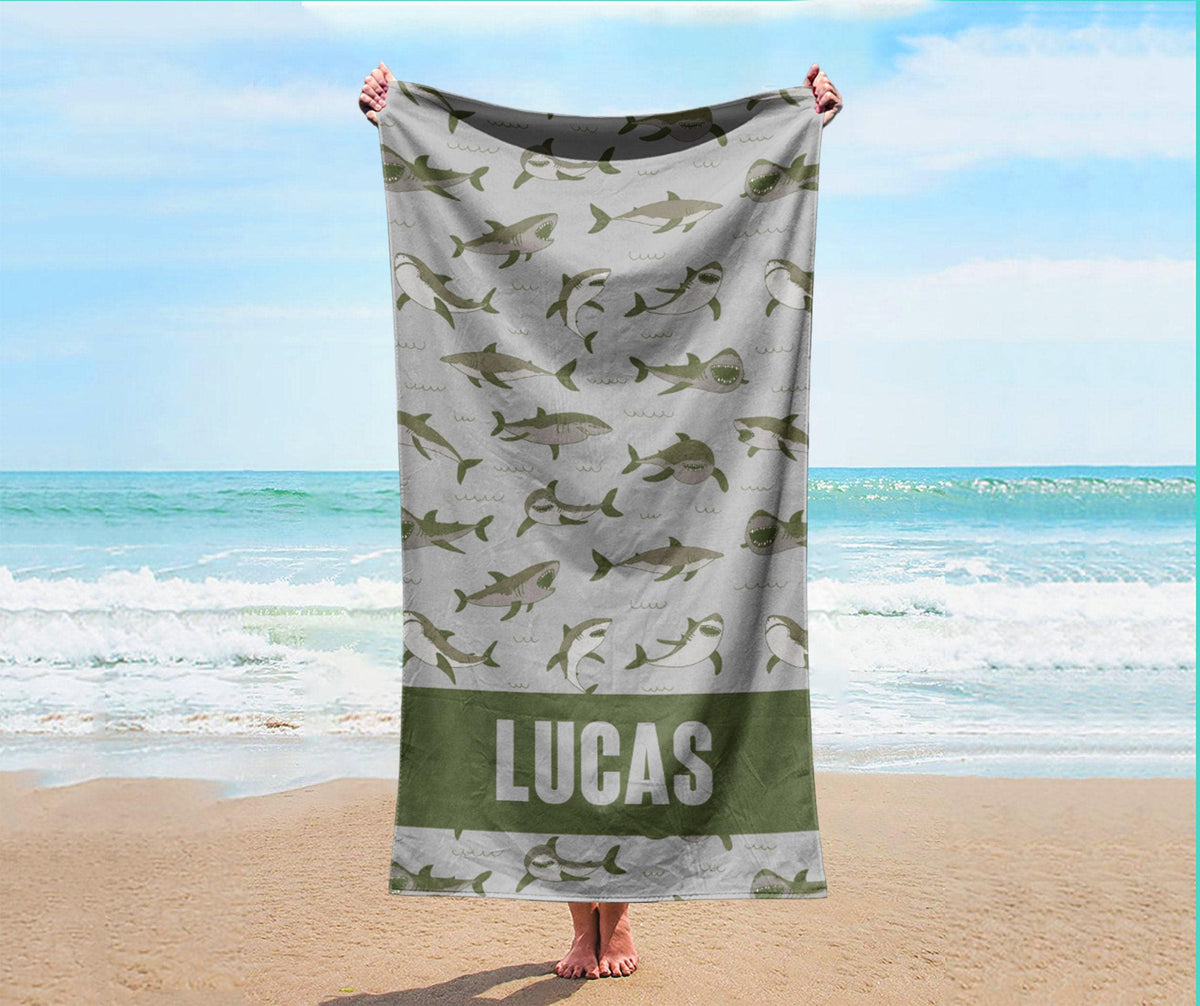 Personalized Shark Beach Towel: Custom Name, Vibrant Watercolor