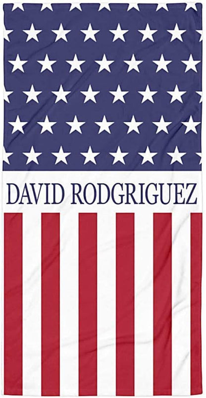 Personalized US Flag Beach Towel: Custom Name, Patriotic Gift
