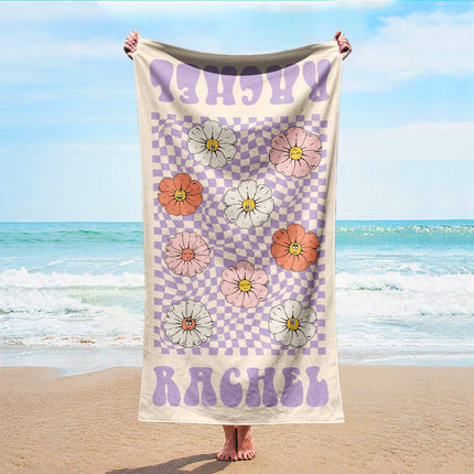 Personalized Retro Flower Beach Towel: Custom Name Bath & Pool Towel