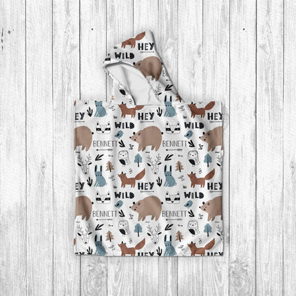 Personalized Kids Hooded Beach Towel: Retro Woodland Animals Pattern