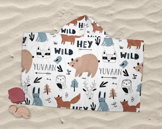 Personalized Kids Hooded Beach Towel: Wild Animals Pattern, Custom Name