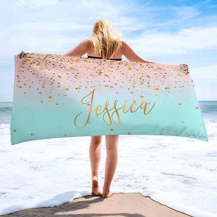 Sparkling Gold Name Beach Towel: Personalized Vacation Gift