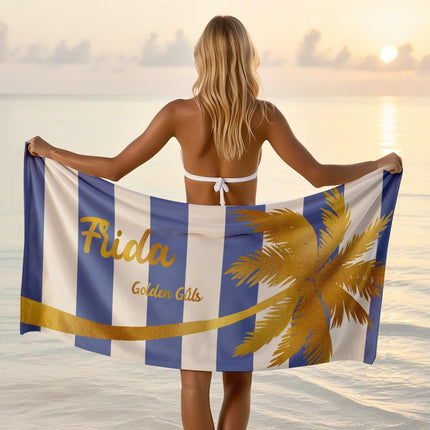 Personalized Gold Palm Tree Beach Towel: Custom Name Vacation Gift