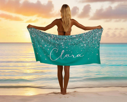 Personalized Silver Glitter Beach Towel: Custom Name, Vacation Gift
