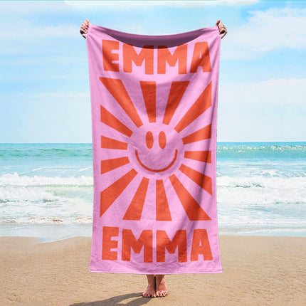 Personalized Smile Face Beach Towel: Custom Name Retro Bath & Pool Towel