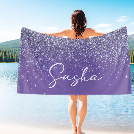 Personalized Silver Glitter Beach Towel: Custom Name, Vacation Gift