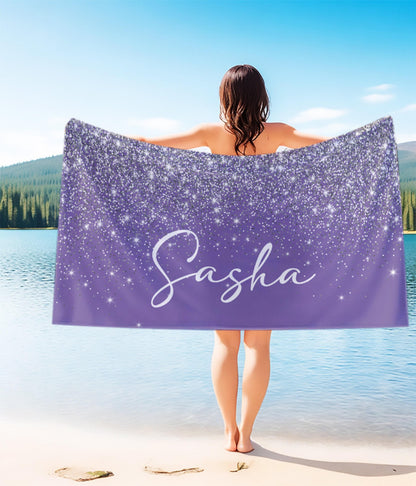 Personalized Silver Glitter Beach Towel: Custom Name, Vacation Gift
