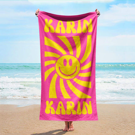 Personalized Smile Face Beach Towel: Custom Name Retro Bath & Pool Towel