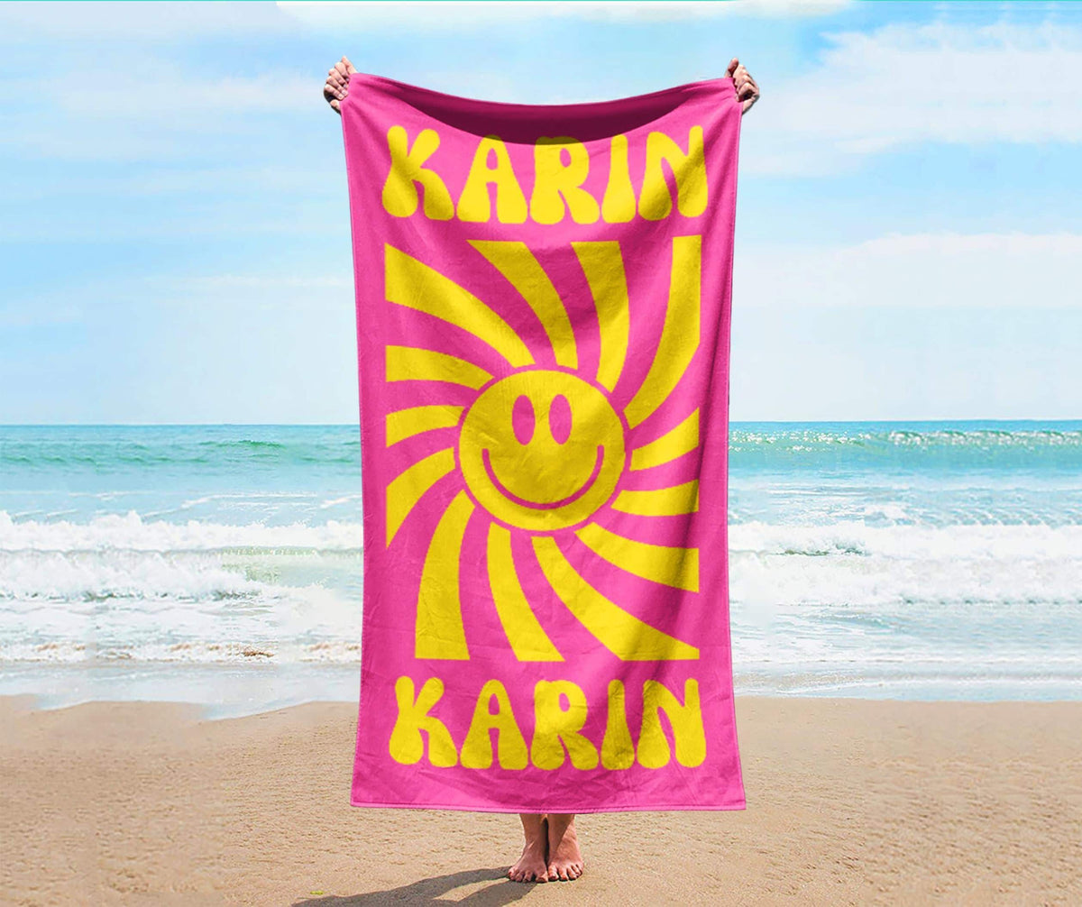 Personalized Smile Face Beach Towel: Custom Name Retro Bath & Pool Towel