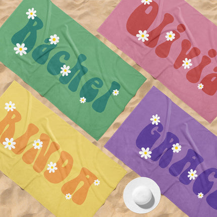 Retro Flower Personalized Beach Towel: Custom Name Bath & Pool Towel
