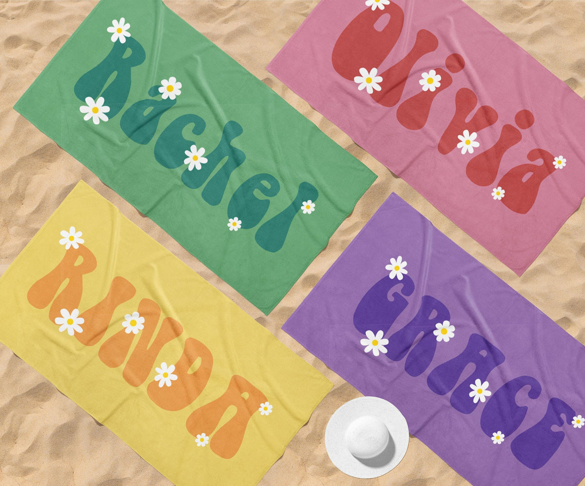 Retro Flower Personalized Beach Towel: Custom Name Bath & Pool Towel