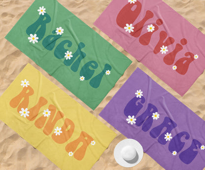 Retro Flower Personalized Beach Towel: Custom Name Bath & Pool Towel