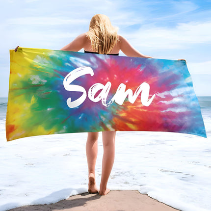 Personalized Tie Dye Beach Towel: Custom Name, Soft Cotton-Poly Blend