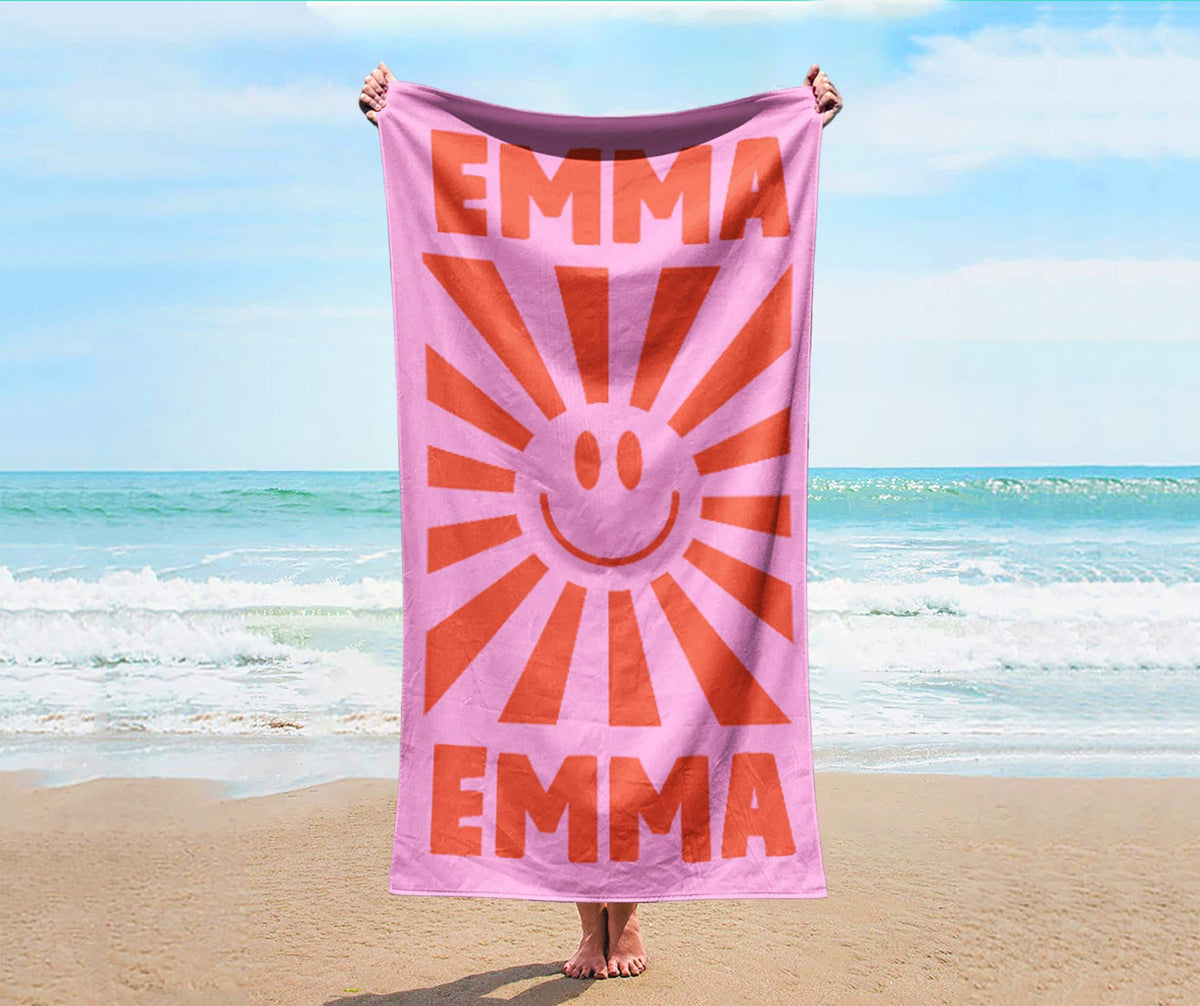 Personalized Smile Face Beach Towel: Custom Name, Vibrant Colors