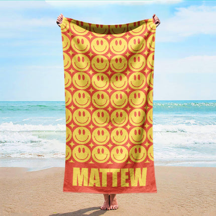 Personalized Smile Face Beach Towel: Custom Name Retro Bath & Pool Towel