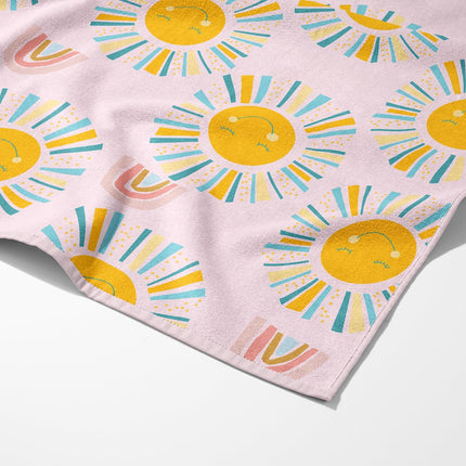 Personalized Sunshine Rainbow Beach Towel: Retro Flower Custom Name