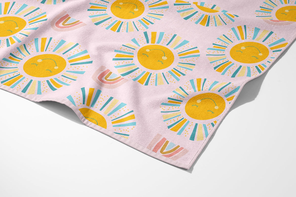 Personalized Sunshine Rainbow Beach Towel: Retro Flower Custom Name