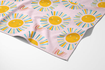 Personalized Sunshine Rainbow Beach Towel: Retro Flower Custom Name