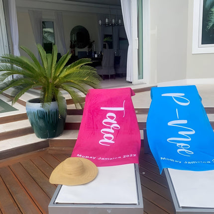 Personalized Script Beach Towel: Custom Name, Vacation Gift