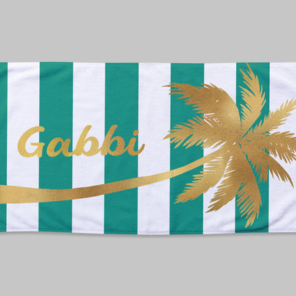 Personalized Gold Palm Tree Beach Towel: Custom Name Vacation Gift