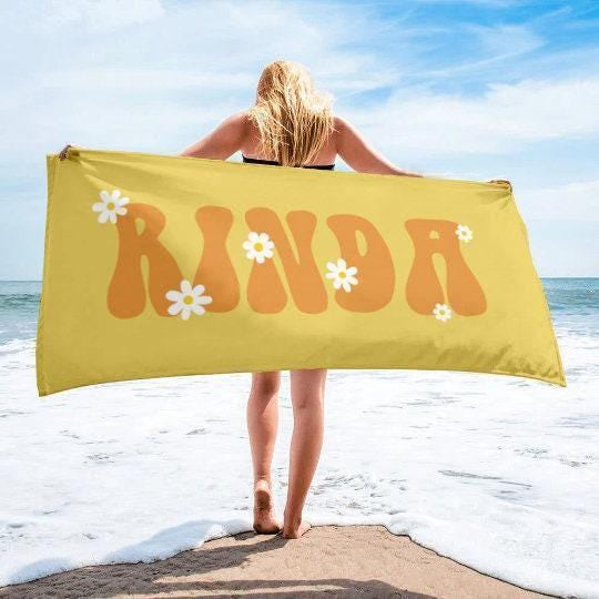 Retro Flower Personalized Beach Towel: Custom Name Bath & Pool Towel