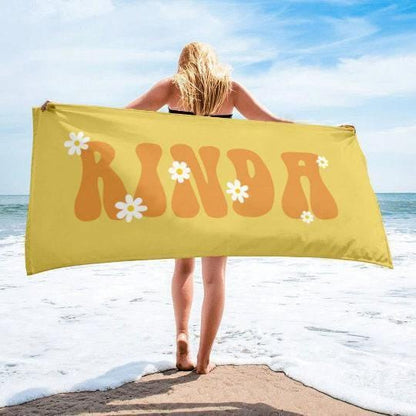 Retro Flower Personalized Beach Towel: Custom Name Bath & Pool Towel