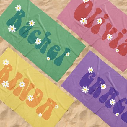 Retro Flower Personalized Beach Towel: Custom Name Bath & Pool Towel
