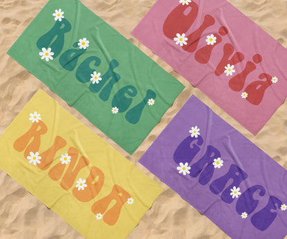Retro Flower Personalized Beach Towel: Custom Name Bath & Pool Towel