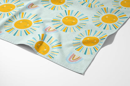 Personalized Sunshine Rainbow Beach Towel: Retro Flower Custom Name