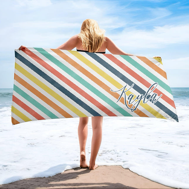 Personalized Stripe Beach Towel: Custom Name, Colorful Design