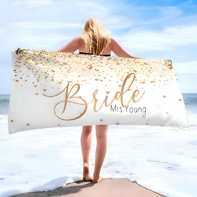 Personalized Bride Beach Towel: Gold Confetti Honeymoon Gift