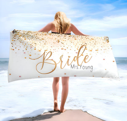Personalized Bride Beach Towel: Gold Confetti Honeymoon Gift