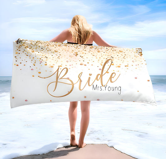 Personalized Bride Beach Towel: Gold Confetti Honeymoon Gift