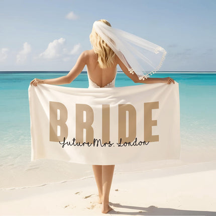 Personalized Bride Beach Towel: Bold Font Bridal Shower Gift