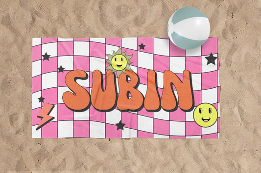 Retro Checkerboard Personalized Beach Towel: Custom Name Gift