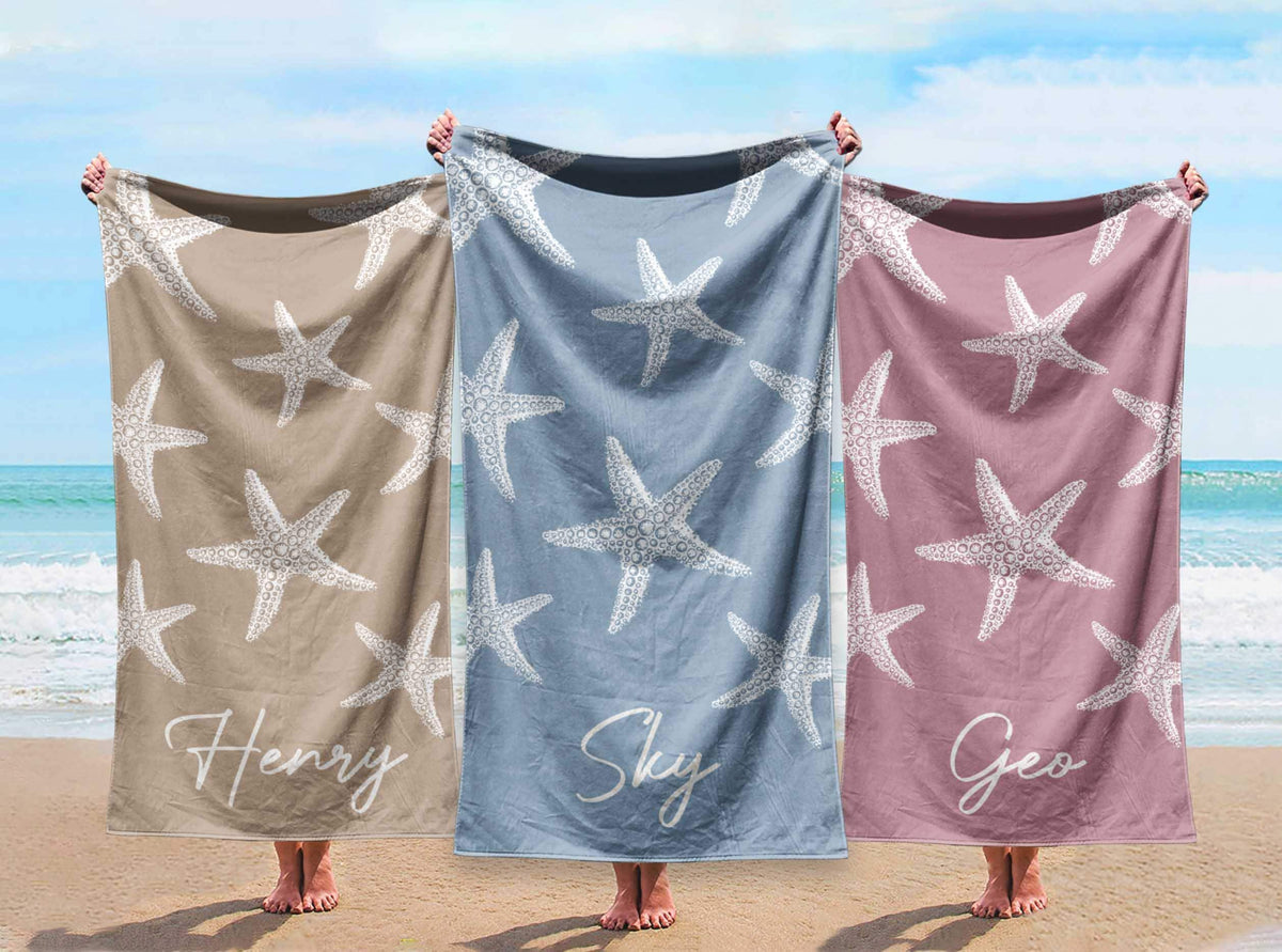 Personalized Starfish Beach Towel: Custom Name, Vacation Gift