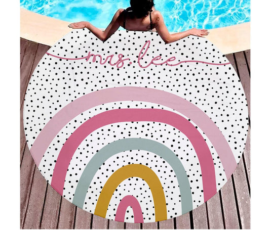 Personalized Rainbow Round Beach Towel: Custom Name, 60" Cotton Blend