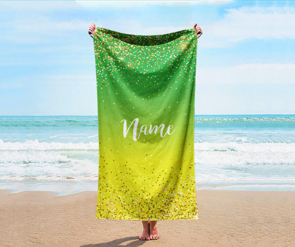 Personalized Sparkling Gold Name Beach Towel: Custom Vacation Gift