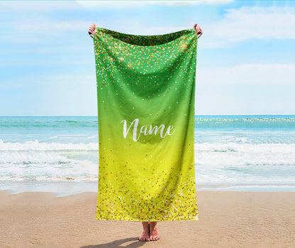 Personalized Sparkling Gold Name Beach Towel: Custom Vacation Gift