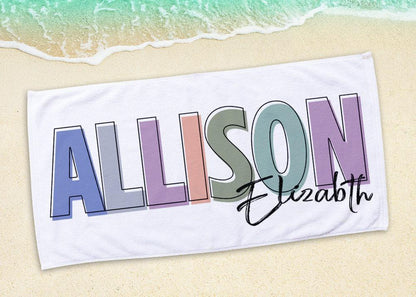 Personalized Beach Towel: Multi-Color Font, Custom Name