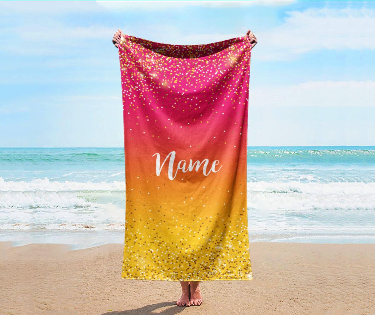 Personalized Sparkling Gold Name Beach Towel: Custom Vacation Gift