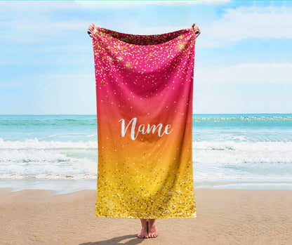 Personalized Sparkling Gold Name Beach Towel: Custom Vacation Gift
