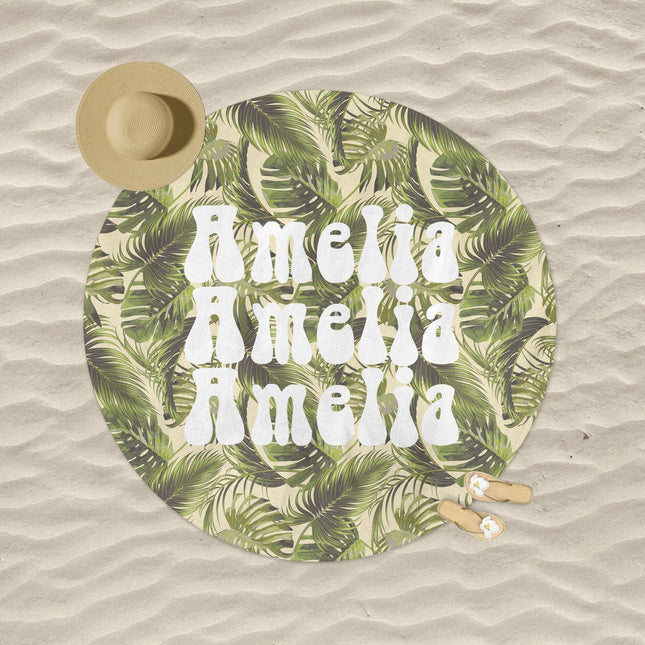 Personalized Round Beach Towel: Multi-Color Tropical Name Towel