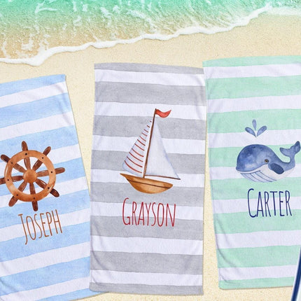 Personalized Sea Watercolor Beach Towel: Custom Name, Vacation Gift