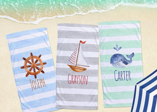 Personalized Sea Watercolor Beach Towel: Custom Name, Vacation Gift
