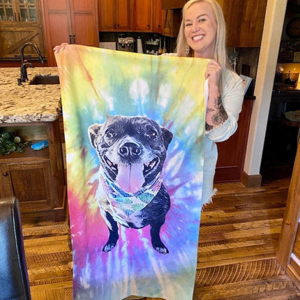 Portrait Pet Beach Towel Pet Photo + Name Custom Dog Personalized Dog Beach Towel Cat Picture Blanket Pet Photo Customized Gift