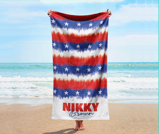 Personalized 4th of July Beach Towel: Retro Flower Custom Name