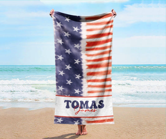 Personalized 4th of July Beach Towel: Retro Flower USA Custom Name